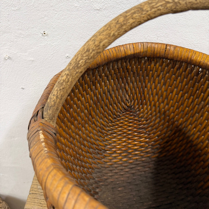 Antique Chinese Round Basket With Wooden Handle