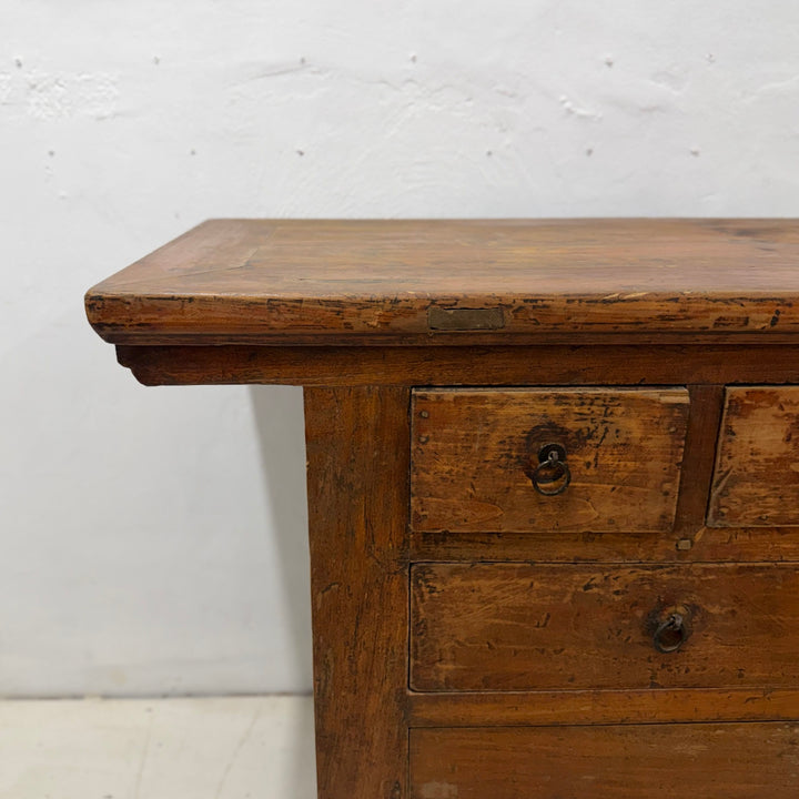 Water Tiger Furniture Early 20th Century Qing Two Drawer Cabinet, Elmwood with Brass Hardware, China