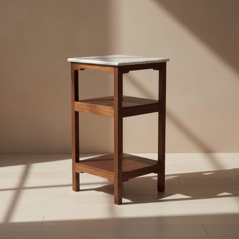 Water Tiger Vintage Teak Side Table with Marble Top - Three-Tier Indian Furniture | Water Tiger