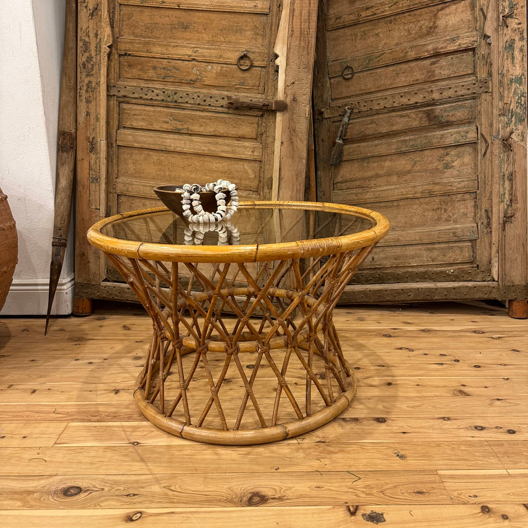 Water Tiger Furniture Bohemian Round Bend Bambo Rattan Reed, Wicker Coffee or Cocktail Table Glass Top
