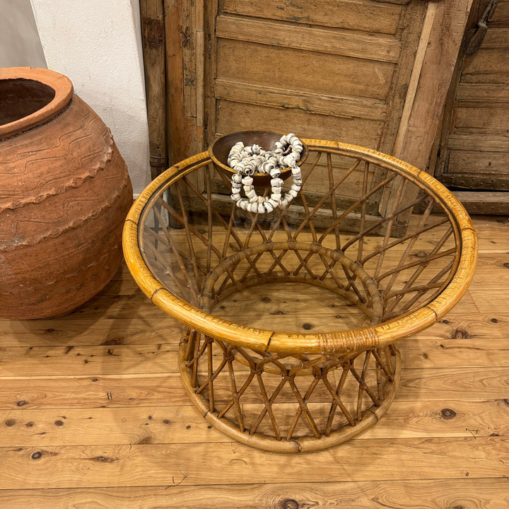 Water Tiger Furniture Bohemian Round Bend Bambo Rattan Reed, Wicker Coffee or Cocktail Table Glass Top