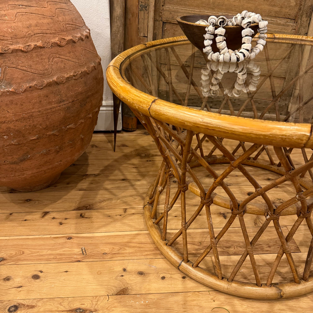 Water Tiger Furniture Bohemian Round Bend Bambo Rattan Reed, Wicker Coffee or Cocktail Table Glass Top