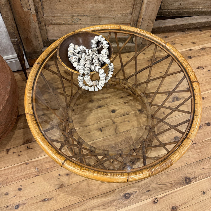 Water Tiger Furniture Bohemian Round Bend Bambo Rattan Reed, Wicker Coffee or Cocktail Table Glass Top