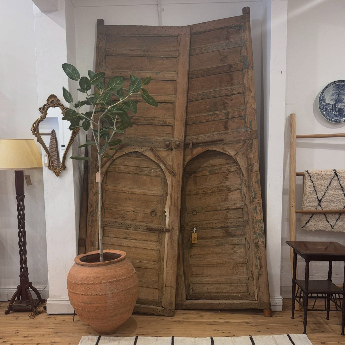 A pair of tall, rustic wooden folding doors with arched panel details, displayed in a styled room setting next to a potted plant and a floor lamp.
